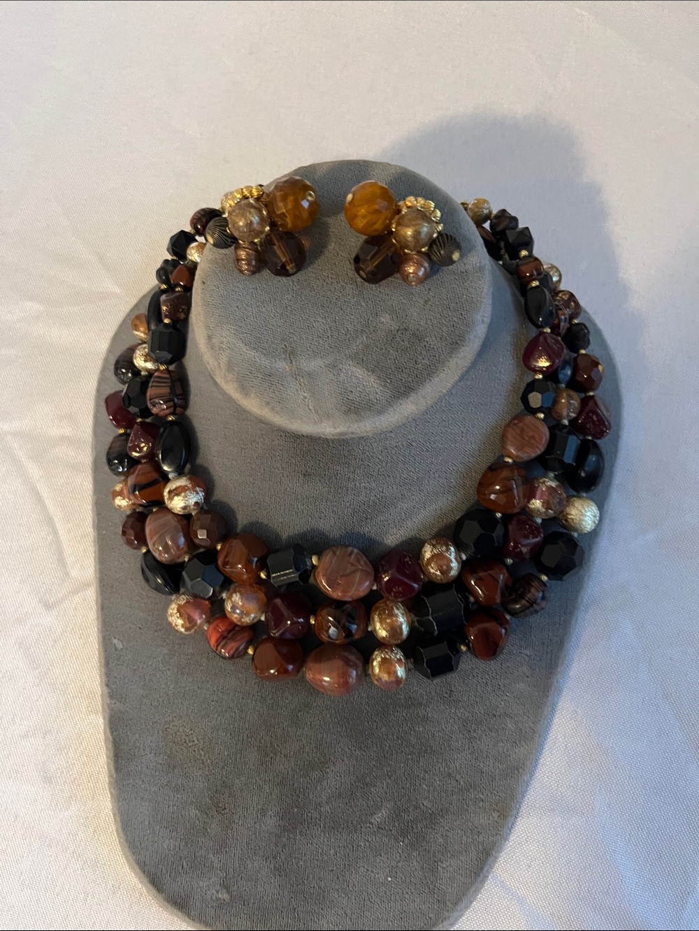Hattie Carnegie Multi-Strand Brown & Black Beaded Necklace with Clip-On Earrings